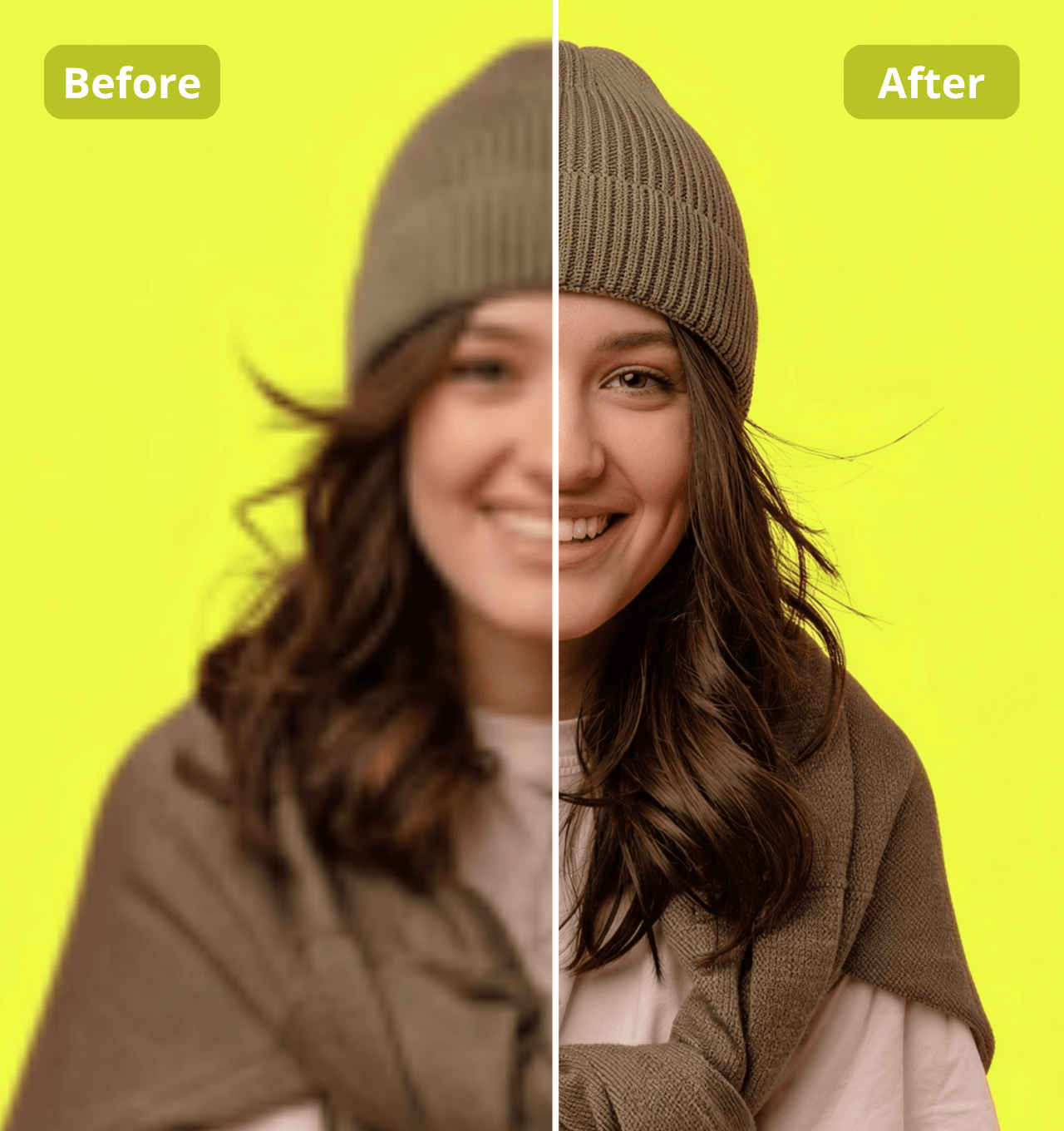 Before and after: low-resolution portrait vs AI-enhanced sharp result